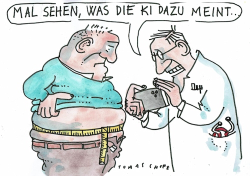 Cartoon: KI (medium) by Jan Tomaschoff tagged arzt,patient,übergewicht,bauchumfang,handy,ki,arzt,patient,übergewicht,bauchumfang,handy,ki