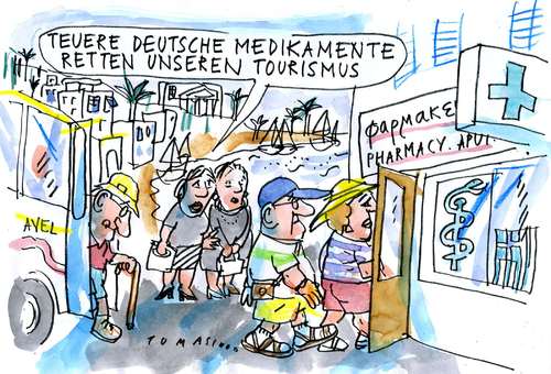Cartoon: Medikamentenpreise (medium) by Jan Tomaschoff tagged medikamentenpreise,pharmaindustrie,gesundheitssystem,griechenland,medikamentenpreise,pharmaindustrie,gesundheitssystem,griechenland,pharma,gesundheit,medikamente,tourismus,touristen