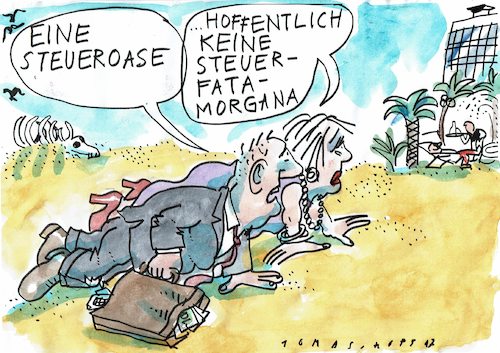 Cartoon: Oase (medium) by Jan Tomaschoff tagged steuern,hinterziehung,steueroasen,steuern,hinterziehung,steueroasen