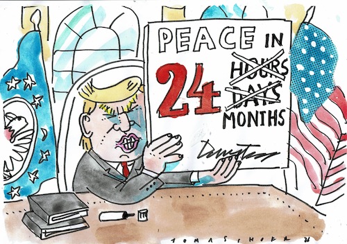 Cartoon: Peace now (medium) by Jan Tomaschoff tagged trump,krieg,frieden,versprechen,trump,krieg,frieden,versprechen