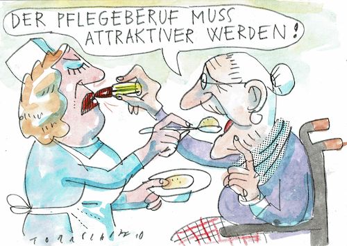 Cartoon: Pflegeberuf (medium) by Jan Tomaschoff tagged pflegermangel,altenpflege,krankenpflege,arbeitsbedingungen,pflegermangel,altenpflege,krankenpflege,arbeitsbedingungen