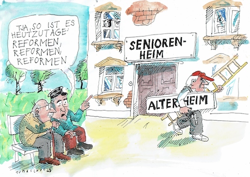 Cartoon: Reform (medium) by Jan Tomaschoff tagged senioren,pflege,reformen,phrasen,senioren,pflege,reformen,phrasen