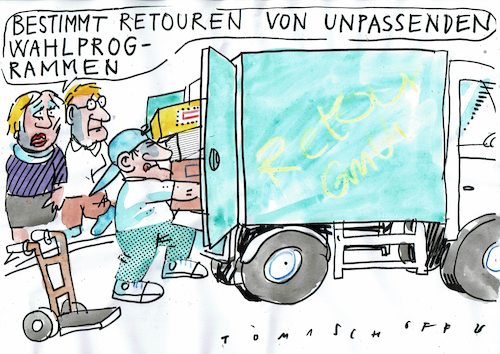 Cartoon: Retour (medium) by Jan Tomaschoff tagged wahlprogramme,volksparteien,politikverdrossenheit,wahlprogramme,volksparteien,politikverdrossenheit