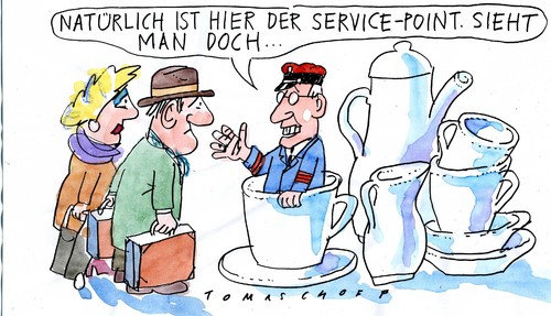 Cartoon: Service Point (medium) by Jan Tomaschoff tagged deutsche,bahn,fahrgäste,verspätungen,deutsche bahn,db,service,verspätungen,fahrgäste,bahn,verreisen,point,deutsche