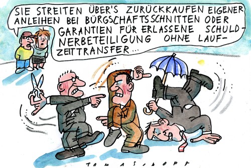 Cartoon: Streit (medium) by Jan Tomaschoff tagged eurozone,italien,griechenland,rettung,eurozone,italien,griechenland,rettung