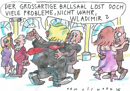 Cartoon: Tanz (medium) by Jan Tomaschoff tagged trump,putin,usa,russland,tanzsaal,weisses,haus,trump,putin,usa,russland,tanzsaal,weisses,haus
