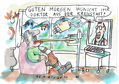 Cartoon: Televisite (medium) by Jan Tomaschoff tagged ärztemangel,landarzt,ärztemangel,landarzt