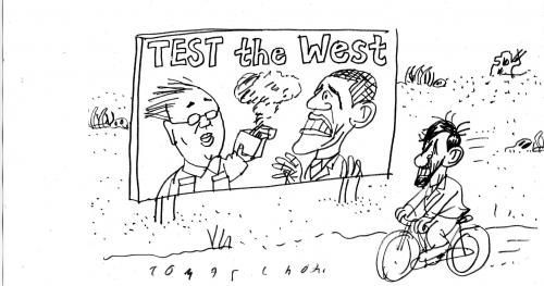 Cartoon: Test (medium) by Jan Tomaschoff tagged obama,ahmadinedschad,kim