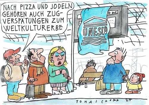 Cartoon: Unesco (medium) by Jan Tomaschoff tagged unesco,erbe,bahn,verspätung,unesco,erbe,bahn,verspätung