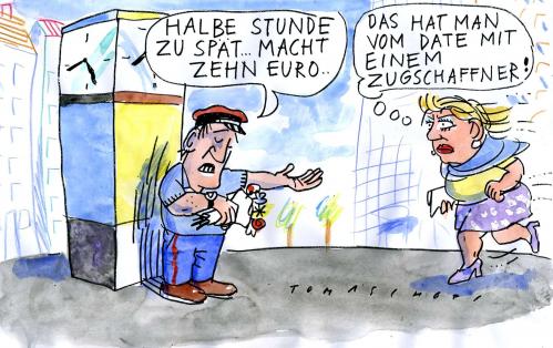Cartoon: Verspätungsgebühren (medium) by Jan Tomaschoff tagged deutsche,bahn,fahrgäste,verspätungen,verspätungsgebühren