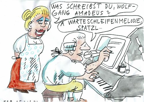 Cartoon: Warteschleife (medium) by Jan Tomaschoff tagged musik,warteschleife,telefon,kommunikation,mozart,musik,warteschleife,telefon,kommunikation,mozart
