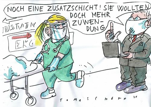 Cartoon: Zuwendung (medium) by Jan Tomaschoff tagged crorna,pflege,überlastung,crorna,pflege,überlastung
