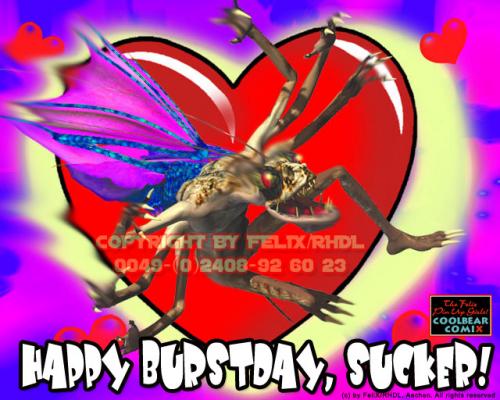 Cartoon: 3D Spoof Birthday Card (medium) by FeliXfromAC tagged mobile,services,handy,felix,alias,reinhard,horst,design,line,aachen,spinne,spider,horror,psycho,angst,cartoon,fantasy,monster,3d,love,liebe,painting,stockart