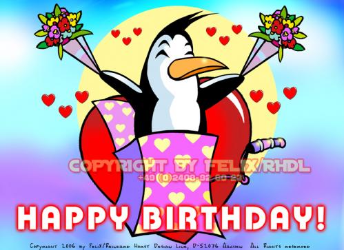 Cartoon: Happy Birthday (medium) by FeliXfromAC tagged nice,animals,tiere,tier,logos,stockart,sympathiefiguren,mascots,wallpapers,characters,characterdesign,figuren,hey,melde,dich,whimsical,felix,alias,design,line,red,love,herzen,beziehung,aachen,pinguin,penguine,greeting,card,bi