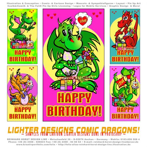 Cartoon: Happy Birthday Dragons (medium) by FeliXfromAC tagged reinhard,tiere,tier,love,in,animals,drachen,dragons,horstv,alias,felix,design,line,comic,cartoon,mascot,character,logo,sympathiefigur,aachen