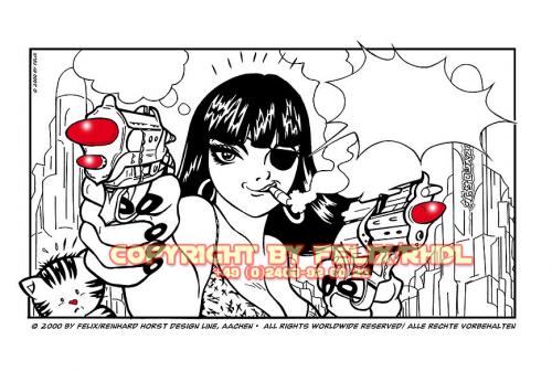 Cartoon: MANGA Illustration (medium) by FeliXfromAC tagged manga,gun,crazy,action,frau,girl,cat,katze,woman,felix,alias,reinhard,horst,bikini,design,line,aachen,comic,comix,