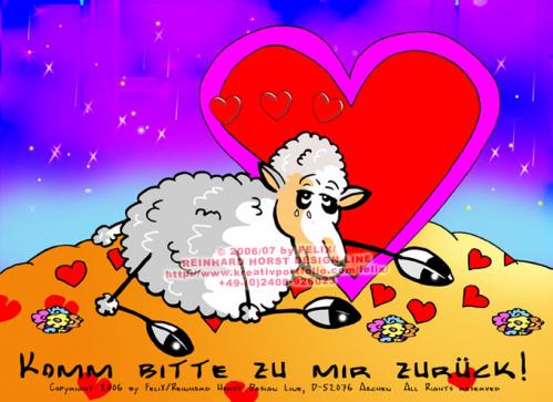 Cartoon: Sheep In Love - Come Back to Me! (medium) by FeliXfromAC tagged felix,alias,reinhard,horst,aachen,stockart,sheeps,in,love,schaf,schafe,cartoon,handy,mobile,services,liebe,funny,tiere,animals,comic,design,grusskarte,herz,komm,zu,mir,zurück,illustrator,illustration