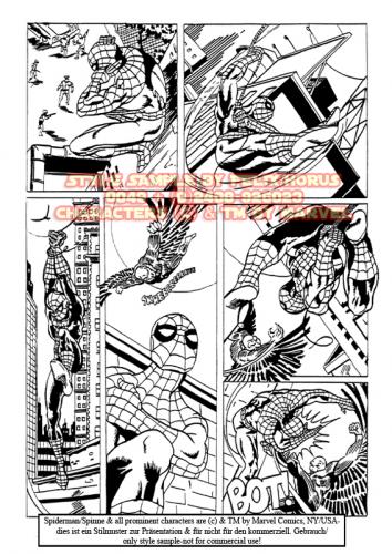 Cartoon: Superhero Sample Page (medium) by FeliXfromAC tagged spinne,spiderman,geier,condor,felix,alias,reinhard,horst,comic,cartoon,cover,kampf,battle,marvel,retro,illustration