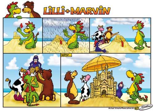 Cartoon: Lilli and Marvin - sandcastle (medium) by salinos tagged lilli,marvin,bear,bär,drache,dragon,beach,strand,salinos,salinoscartoon