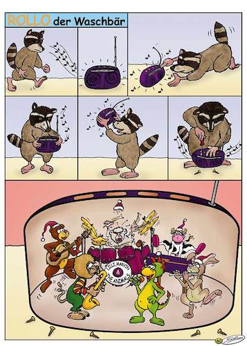 Cartoon: Lilli und Marvin - Radio Rollo (medium) by salinos tagged lilli,marvin,waschbär,bär,drache,radio,band