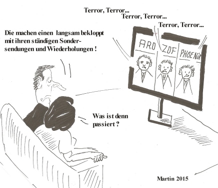 Cartoon: Terrorismus (medium) by quadenulle tagged terror,hannover,paris,medien,sondersendungen,wiederholungen
