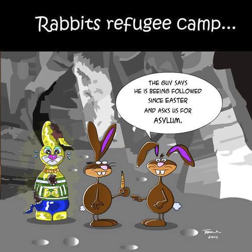 Cartoon: Rabbits refugee camp (medium) by Tricomix tagged easter,chocolate,bunny,refugee,asylum,help,injured,victims,of,accommodation