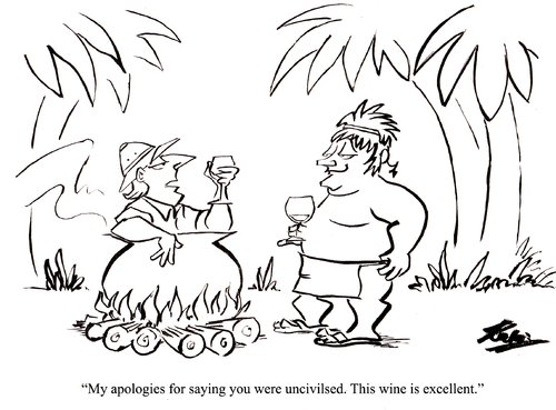 Cartoon: Cultural Exchange (medium) by pinkhalf tagged explorer,savage,civilisation,cooking,wine,cannibalism,colonialism