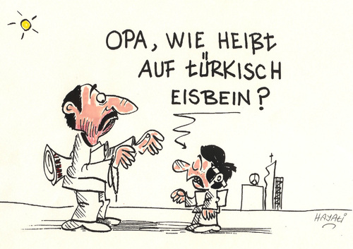 Cartoon: EISBEIN ? (medium) by Hayati tagged question,soru,grandpa,opa,büyükbaba,dede,torun,domuz,pacasi,berlin,hayati,boyacioglu