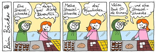 Cartoon: Beim Bäcker (medium) by weltalf tagged streuselschnecke,bäcker,bäckerei,backshop,pfannkuchen,bienenstich