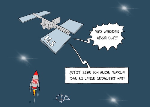 Cartoon: 20250316-ISS (medium) by Marcus Gottfried tagged iss,weltraum,deutsche,bahn,spacex,astronaut,raumstation,iss,weltraum,deutsche,bahn,spacex,astronaut,raumstation