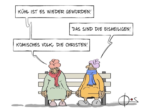 Cartoon: 20260510-Eisheilige (medium) by Marcus Gottfried tagged christ,moslem,eisheilige,feiertag,wetter,kühl,kalt,kälte,heilige,glauben,christ,moslem,eisheilige,feiertag,wetter,kühl,kalt,kälte,heilige,glauben