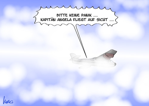 Cartoon: Auf Sicht (medium) by Marcus Gottfried tagged regierung,planlos,merkel,berlin,cdu,csu,fdp,spd,gruene,linke,kanzlerin,kapitän,fleiger,nebel,nebelbank,sichtflug,blindflug