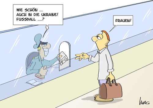 Cartoon: Ukraine (medium) by Marcus Gottfried tagged europa,fussball,europameisterschaft,sport,zoll,grenze,einreise,tourist,sextourist,frau,mann,besuch,grund,urlaub,planung,ein,kommen,osteuropa,bordell