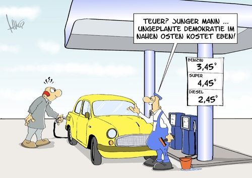 Cartoon: ungeplante Demokratie (medium) by Marcus Gottfried tagged benzin,benzinpreis,tankstelle,tanken,kunde,tankwart,zapfsäule,demokratie,kosten,planung,ungeplant,staunen,erstaunen,ärger,geld