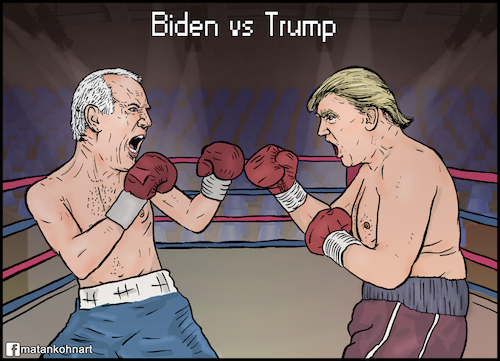 Cartoon: Joe Biden vs Donald Trump (medium) by matan_kohn tagged joe,biden,donald,trump,battle,run,fight,coronavirus,boxing,presidency,election,2020,usa,america,politics,elections,washington,dc,democraty,repoblicans,presifent