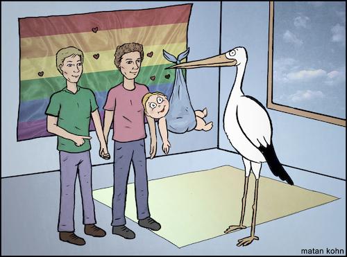 Cartoon: The stork arrived (medium) by matan_kohn tagged gay,illustration,lgbt,lgbtq,praide,gayflag,gayrights,rainbow,homosexuality,funny,caricature,gaycouple,gayfamily,stork,love,loveislove,samesexwedding,cool,kids,memes,gaypride,newnormal