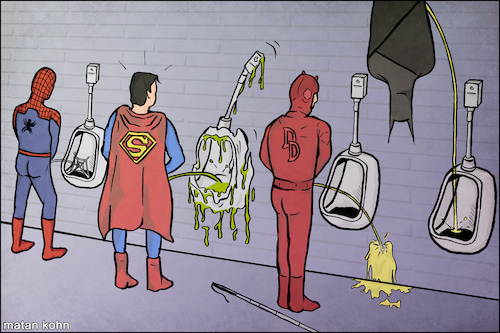Cartoon: The superheroes toilets (medium) by matan_kohn tagged superheroes,toilets,batman,spaiderman,funny,superman,daredevil,pee,comics,marvelcomics,dccomics,cartoon,caricature,illustration,memes,gag,amusing,movies,superheroesmemes,cheeks,spidermanmovie,costume,geek,geeky,neard,supermanmemes