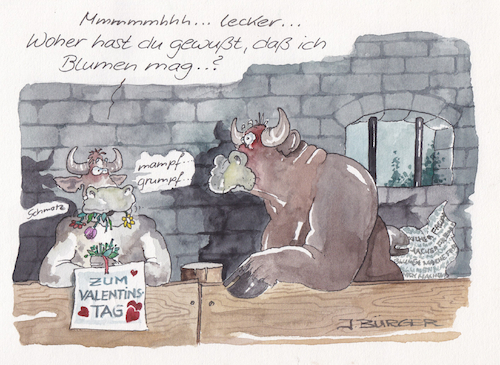 Cartoon: Romantik pur (medium) by Bürgerschreck tagged kuh,bulle,geschenk,aufmerksamkeit,blumen,leckerei,essen,romantisch,geste