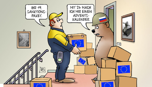 Cartoon: 19. Sanktionspaket (medium) by Harm Bengen tagged 19,sanktionspaket,24,adventskalender,postbote,paketbote,baer,russland,krieg,ukraine,harm,bengen,cartoon,karikatur,19,sanktionspaket,24,adventskalender,postbote,paketbote,baer,russland,krieg,ukraine,harm,bengen,cartoon,karikatur