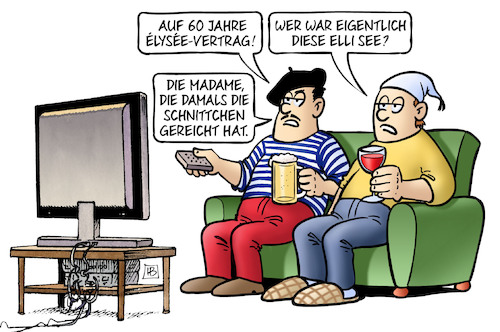 Cartoon: 60 Jahre Elysee-Vertrag (medium) by Harm Bengen tagged 60,jahre,elysee,vertrag,elli,see,madame,schnittchen,deutschland,tv,freundschaft,frankreich,harm,bengen,cartoon,karikatur,60,jahre,elysee,vertrag,elli,see,madame,schnittchen,deutschland,tv,freundschaft,frankreich,harm,bengen,cartoon,karikatur