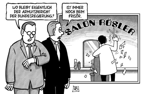Cartoon: Armut frisiert (medium) by Harm Bengen tagged armutsbericht,bundesregierung,roesler,leyen,bundestag,frisoer,friseur,frisieren,faelschen,harm,bengen,cartoon,karikatur