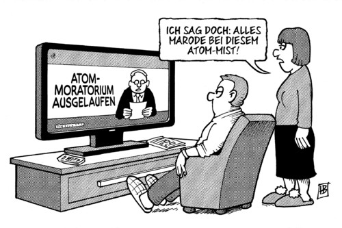 Cartoon: Atom-Moratorium ausgelaufen (medium) by Harm Bengen tagged atom,moratorium,atomkraft,akw,kernkraftwerk,bundesregierung,widerstand,endlager,ausgelaufen,asse,protest,marode