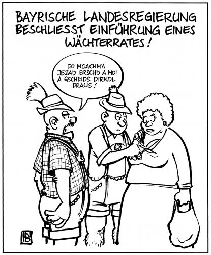 Cartoon: Bayerischer Wächterrat (medium) by Harm Bengen tagged bayerisch,wächterrat,bayern,dialekt,dirndl,landesregierung,csu,schere,zensur,bayern,bayerisch,wächterrat,dialekt,dirndl,landesregierung,csu,schere,zensur