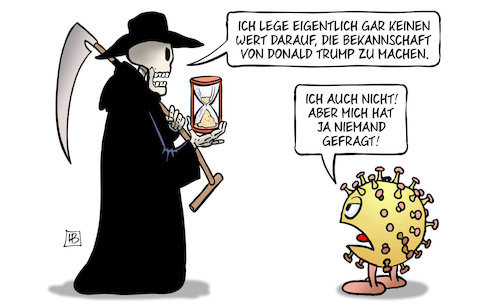 Cartoon: Bekanntschaft mit Trump (medium) by Harm Bengen tagged bekannschaft,donald,trump,tod,corona,virus,infektion,krank,harm,bengen,cartoon,karikatur,bekannschaft,donald,trump,tod,corona,virus,infektion,krank,harm,bengen,cartoon,karikatur