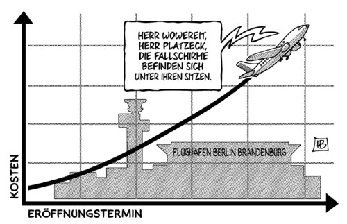 Cartoon: BER-Fallschirme (medium) by Harm Bengen tagged kosten,eröffnungstermin,aufsichtsratssitzung,ber,fallschirme,flughafen,berlin,grossflughafen,willy,brandt,verzögerung,fertigstellung,geld,blamage,wowereit,platzeck,brandschutz,harm,bengen,cartoon,karikatur