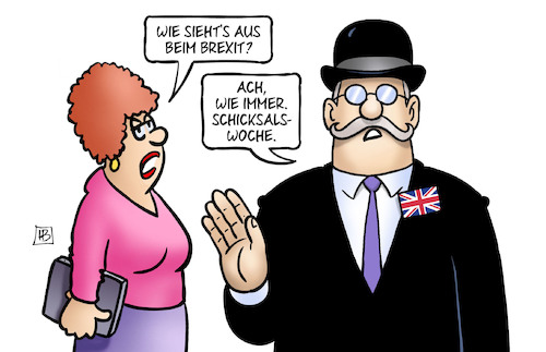 Cartoon: Brexit-Schicksalswoche (medium) by Harm Bengen tagged brexit,routine,schicksalswoche,gb,uk,austritt,eu,europa,harm,bengen,cartoon,karikatur,brexit,routine,schicksalswoche,gb,uk,austritt,eu,europa,harm,bengen,cartoon,karikatur