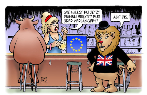 Cartoon: Brexit auf Eis (medium) by Harm Bengen tagged brexit,pur,verlängerung,eis,kneipe,europa,löwe,stier,gb,uk,harm,bengen,cartoon,karikatur,brexit,pur,verlängerung,eis,kneipe,europa,löwe,stier,gb,uk,harm,bengen,cartoon,karikatur