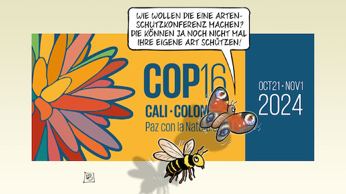 Cartoon: COP 16 (medium) by Harm Bengen tagged artenschutzkonferenz,cop16,cali,kolumbien,schmetterling,biene,harm,bengen,cartoon,karikatur,artenschutzkonferenz,cop16,cali,kolumbien,schmetterling,biene,harm,bengen,cartoon,karikatur