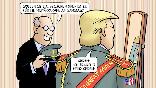 Cartoon: Diktator Trump (medium) by Harm Bengen tagged militärparade,uniform,orden,spiegel,besuch,protest,los,angeles,migrationspolitik,verhaftungen,demonstrationen,nationalgarde,marines,trump,usa,harm,bengen,cartoon,karikatur,militärparade,uniform,orden,spiegel,besuch,protest,los,angeles,migrationspolitik,verhaftungen,demonstrationen,nationalgarde,marines,trump,usa,harm,bengen,cartoon,karikatur