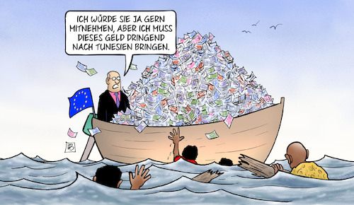 Cartoon: EU und Tunesien (medium) by Harm Bengen tagged eu,europa,mittelmeer,tunesien,geld,flüchtlinge,boot,meer,abkommen,abschottung,harm,bengen,cartoon,karikatur,eu,europa,mittelmeer,tunesien,geld,flüchtlinge,boot,meer,abkommen,abschottung,harm,bengen,cartoon,karikatur